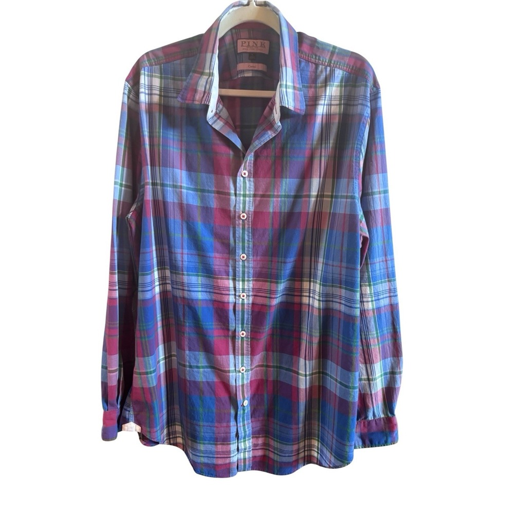 Thomas Pink London Men's XL Blue Pink Button Up Cotton Long Sleeve Shirt